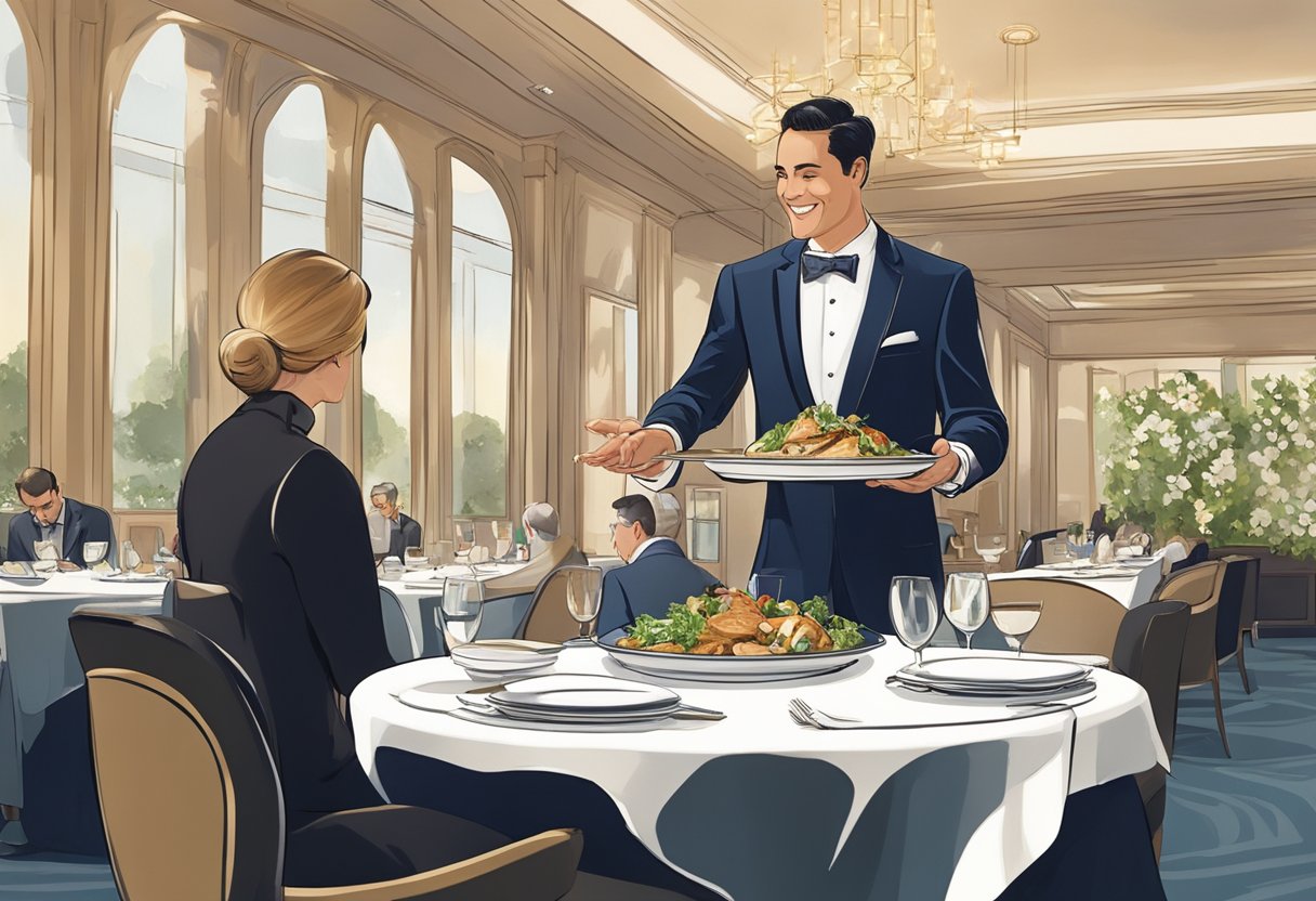 A server gracefully presents a beautifully plated dish to a smiling patron at a high-end restaurant in San Francisco. The elegant dining room is filled with satisfied customers enjoying exceptional service