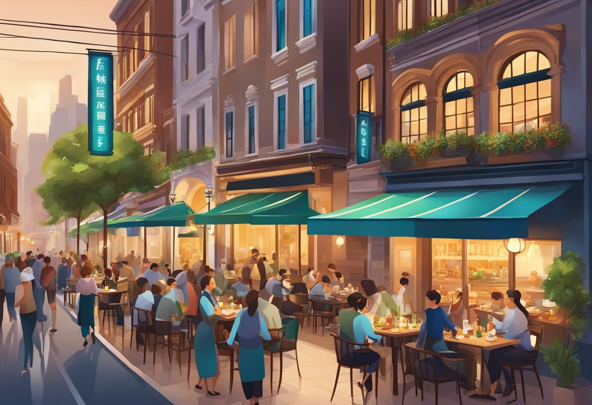 A bustling city street filled with elegant, illuminated restaurants showcasing diverse cuisines and stylish decor