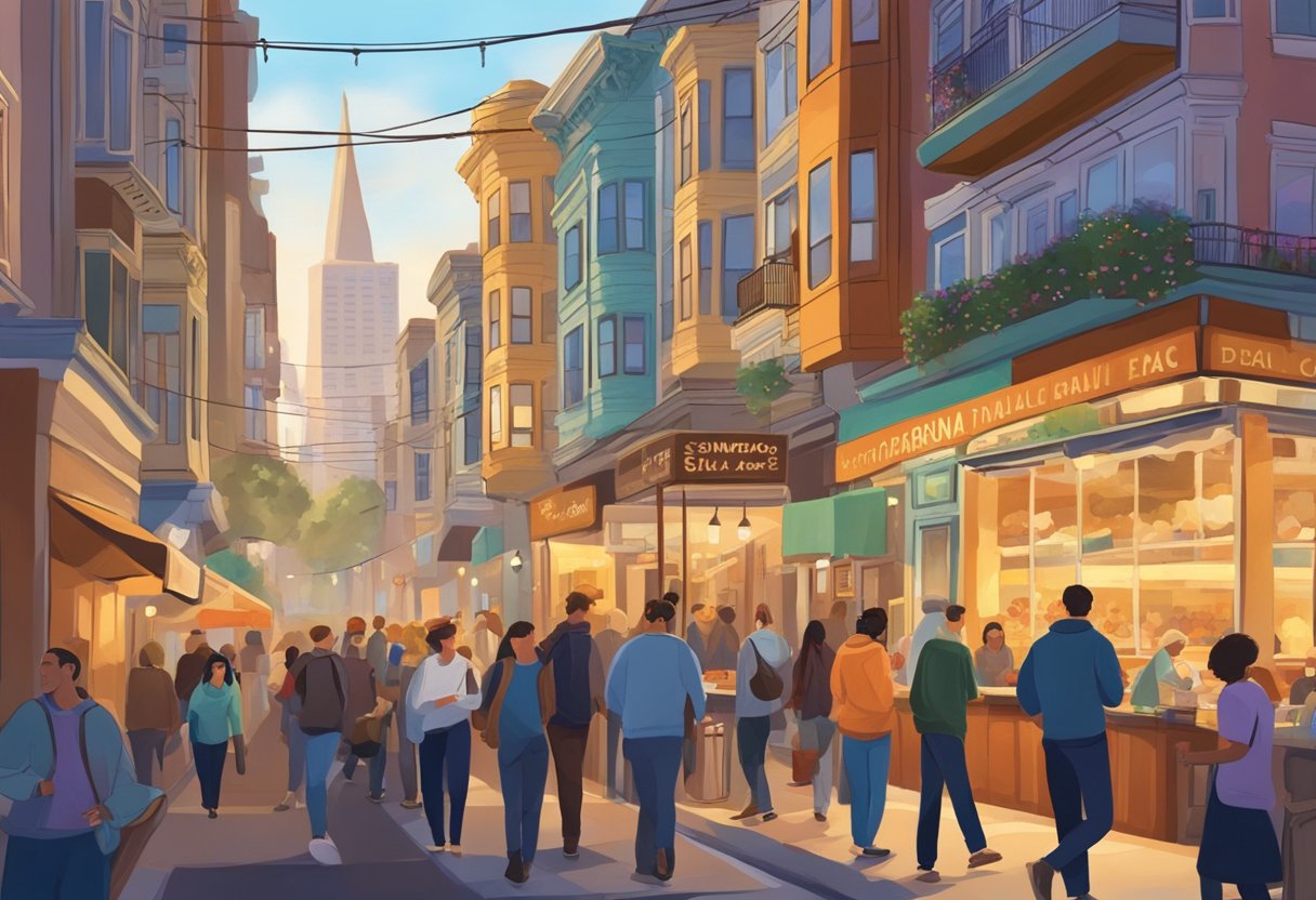 A bustling street lined with cozy eateries serving up comforting dishes, as people stroll by enjoying the vibrant atmosphere of San Francisco