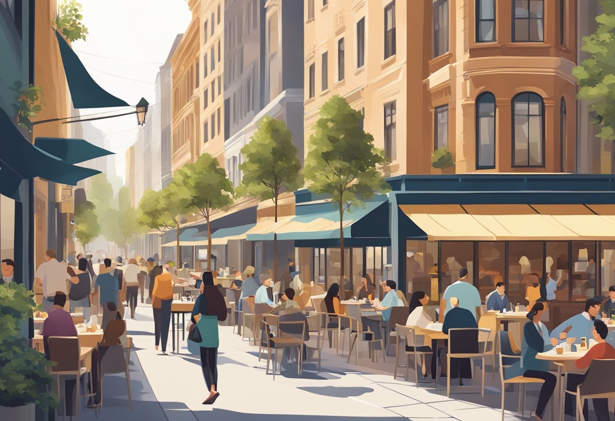 A bustling city street lined with diverse restaurants, from upscale fine dining to casual eateries, with people enjoying meals at outdoor tables