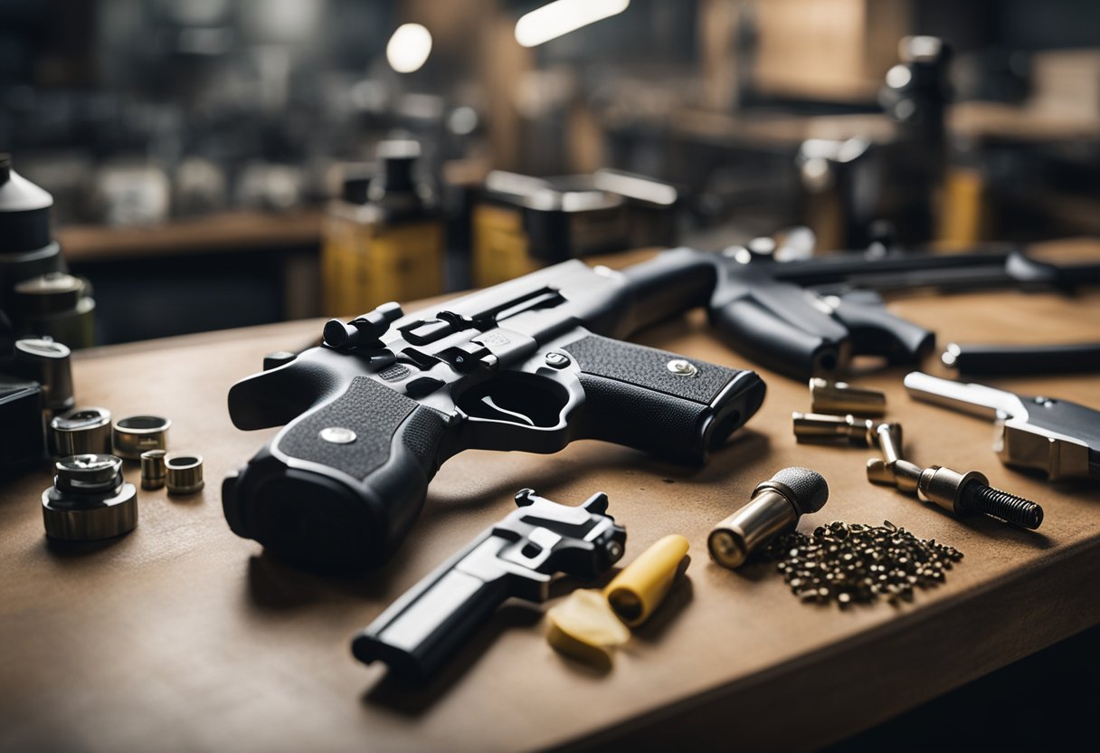 A gun being disassembled and cleaned on a workbench with cleaning supplies and tools scattered around