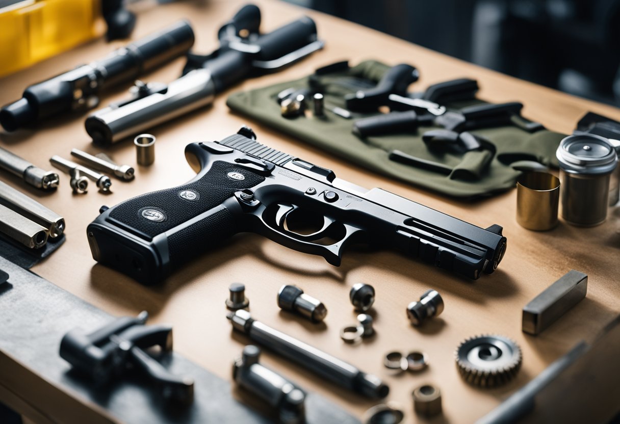 A firearm being carefully cleaned with a variety of specialized tools on a clean, well-lit workbench