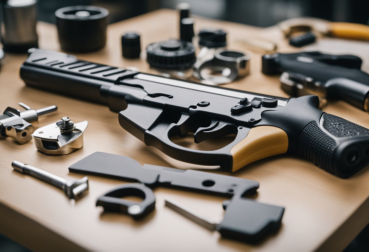 A firearm being disassembled and cleaned with various cleaning tools on a workbench