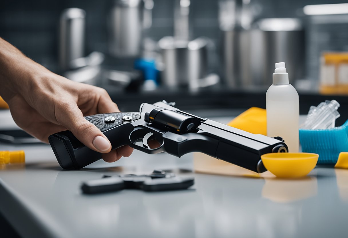 A hand holding a disassembled firearm on a clean, well-lit surface with cleaning supplies nearby