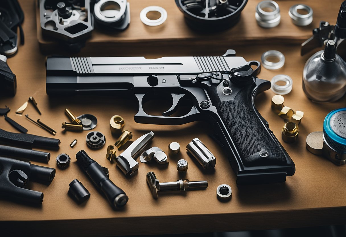 A firearm being meticulously disassembled and cleaned on a workbench, with cleaning supplies and tools neatly arranged nearby