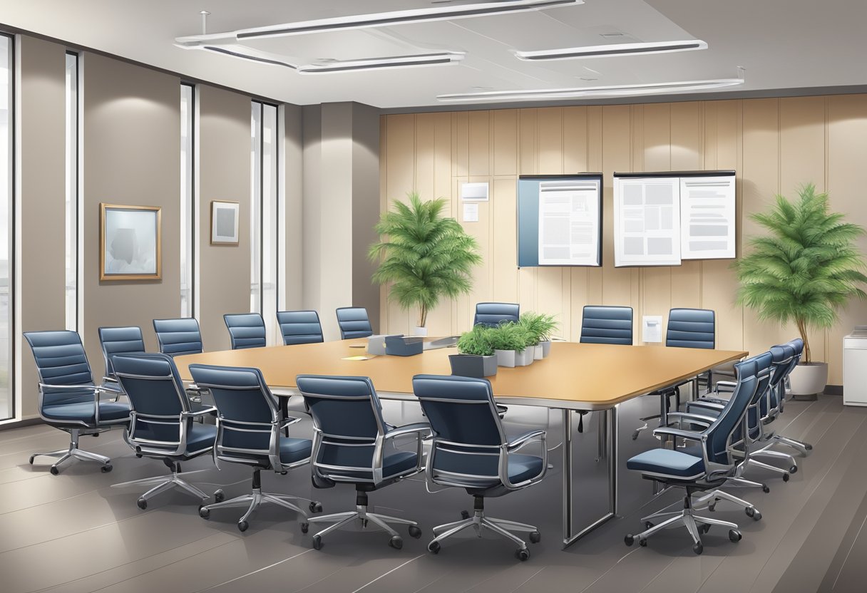 A conference room with a long table and chairs, where a team of professionals is conducting a thorough review of company documents and procedures