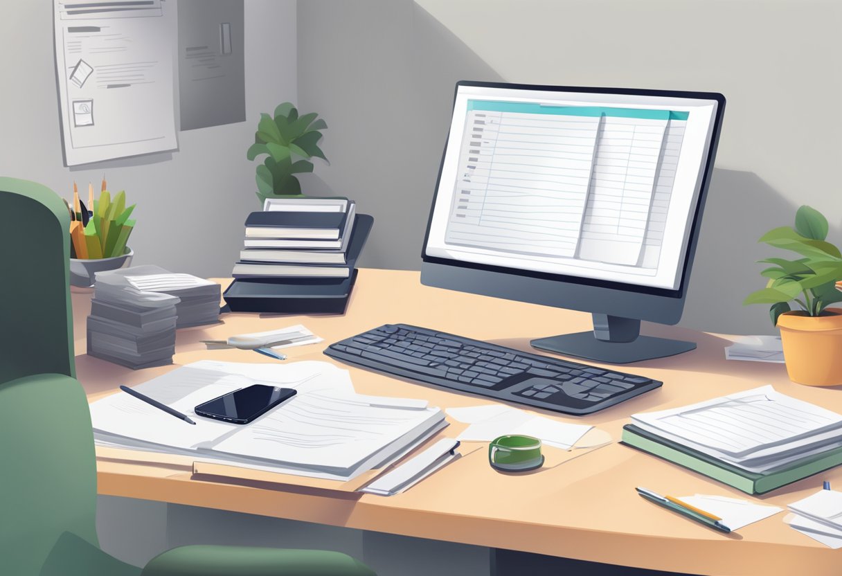 A desk with a computer, file folders, and a checklist. A person reviewing documents and taking notes