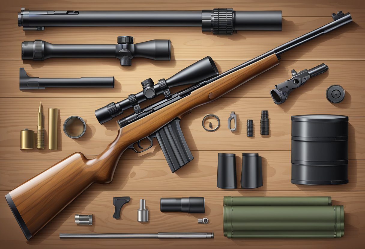 A disassembled rifle lies on a wooden table, with its barrel, stock, trigger, and scope arranged neatly