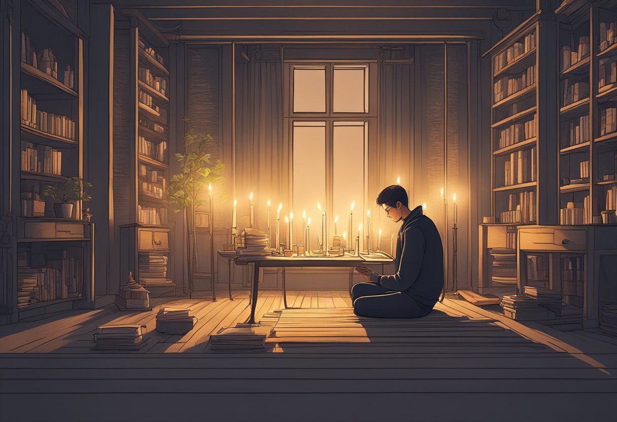 A person sitting in a tranquil, dimly lit room, surrounded by flickering candles and soft music, with their eyes closed in deep concentration
