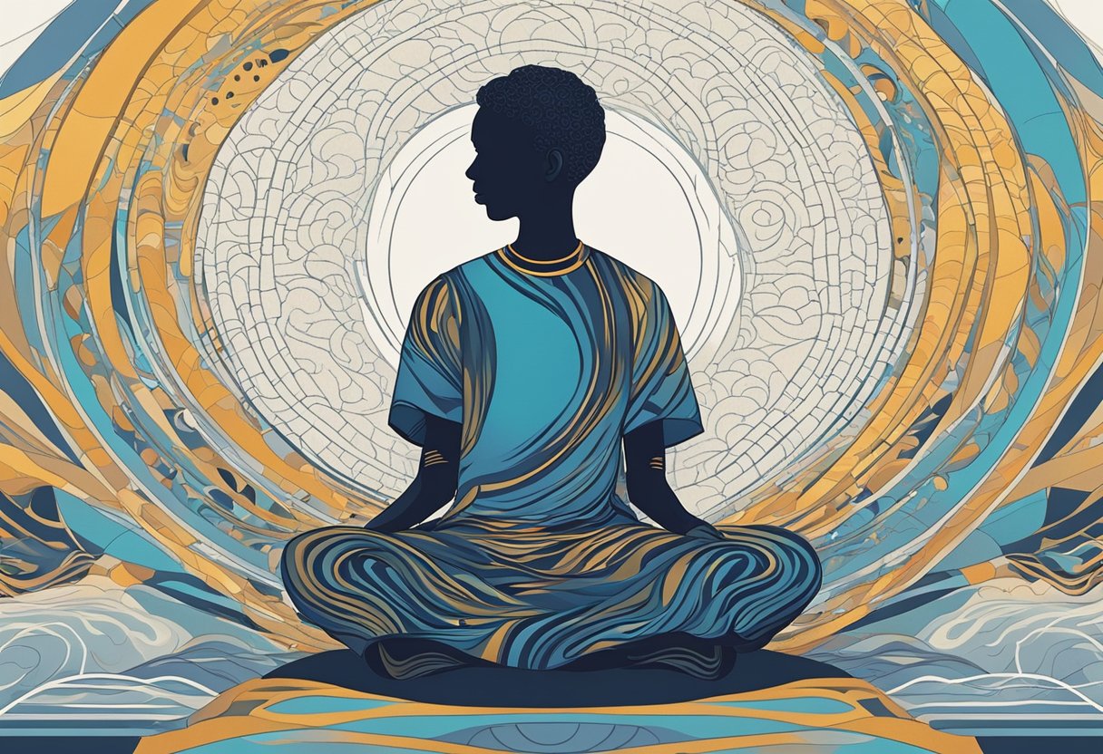 A person sitting in a relaxed position, surrounded by swirling patterns and a sense of calm