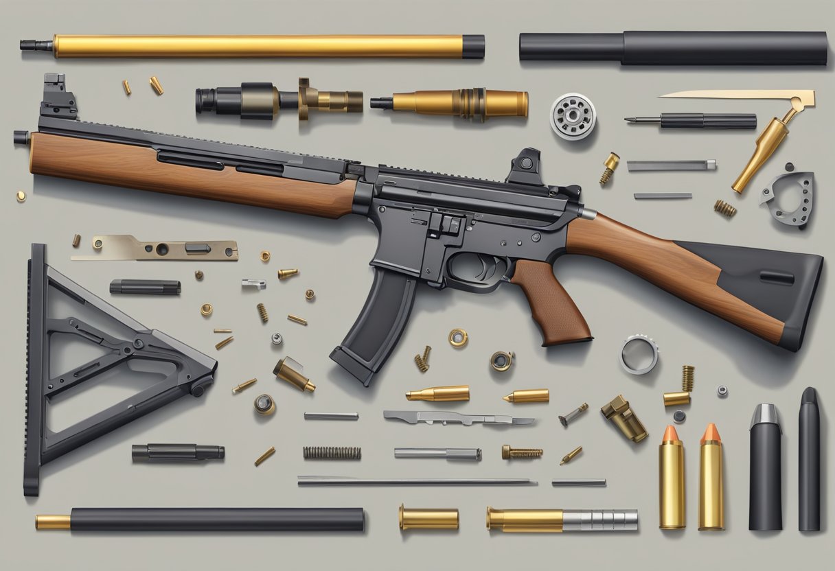 A disassembled rifle with visible ammunition and magazine parts scattered on a workbench