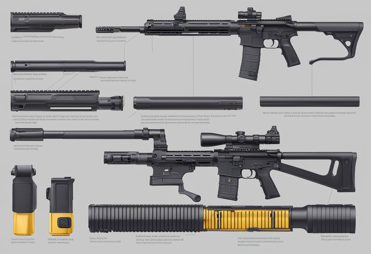 A rifle laid out with visible handling and safety features