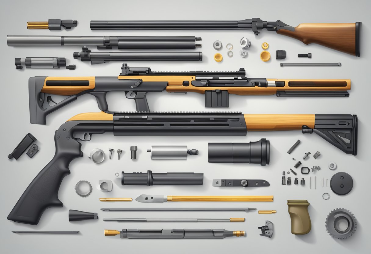 A rifle with interchangeable parts and accessories laid out on a workbench