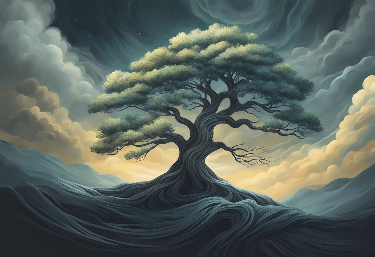 A lone tree stands strong amidst swirling winds and dark clouds, symbolizing overcoming resistance and empowerment