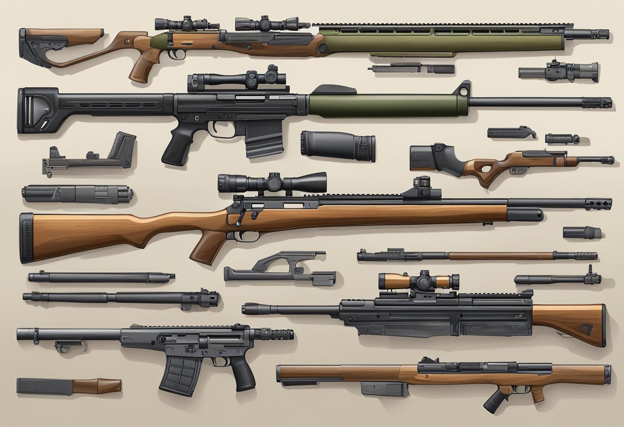 A variety of rifles laid out on a table, with their different parts and components displayed alongside them