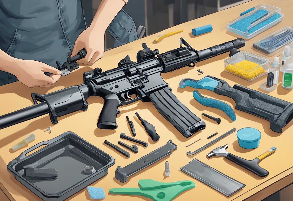 A person disassembling and cleaning an AR-15 rifle on a clean, well-lit workbench with cleaning supplies and tools spread out around them