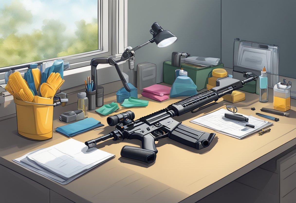 A clean, well-lit workspace with cleaning supplies and an AR-15 disassembled for maintenance. Safety goggles and gloves are nearby