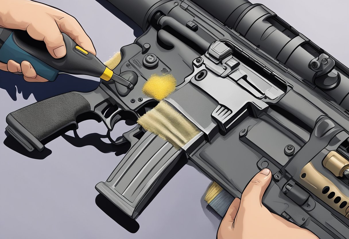 A hand holding a cleaning brush, scrubbing the lower receiver of an AR-15 rifle, with cleaning solvent and patches nearby