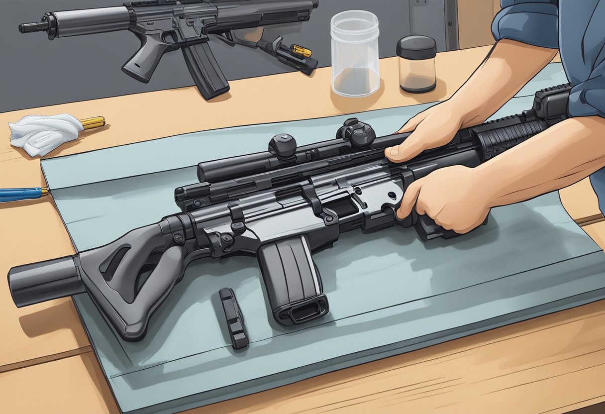 A hand holding a cleaning rod and cloth, carefully wiping down the bolt carrier group of an AR-15 rifle on a clean workbench