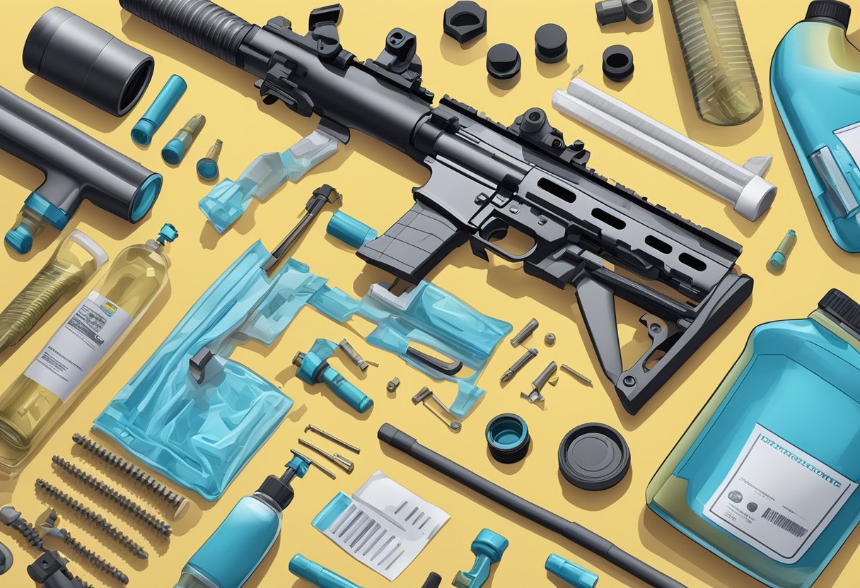 A disassembled AR-15 rifle parts laid out with cleaning supplies and lubricant nearby