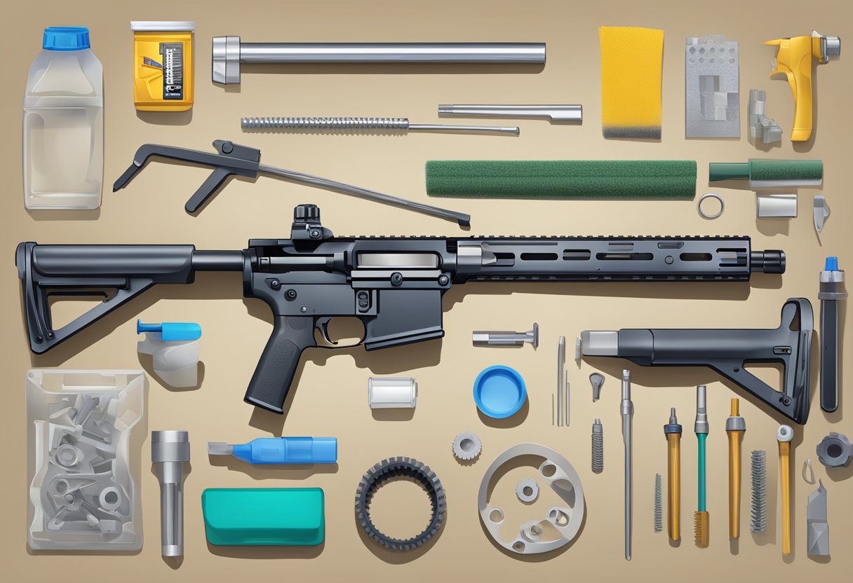 A workbench with disassembled AR-15 parts, cleaning supplies, and a manual