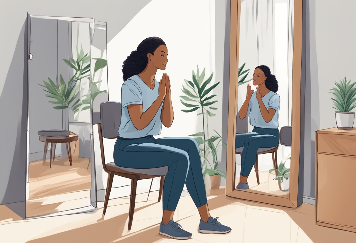 A person sitting in front of a mirror, visualizing and practicing positive affirmations and gestures