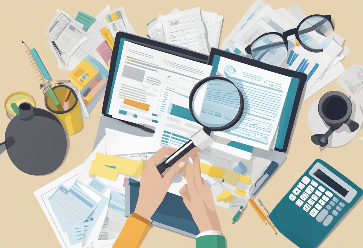 A person filling out forms with a magnifying glass, calculator, and documents spread out on a desk