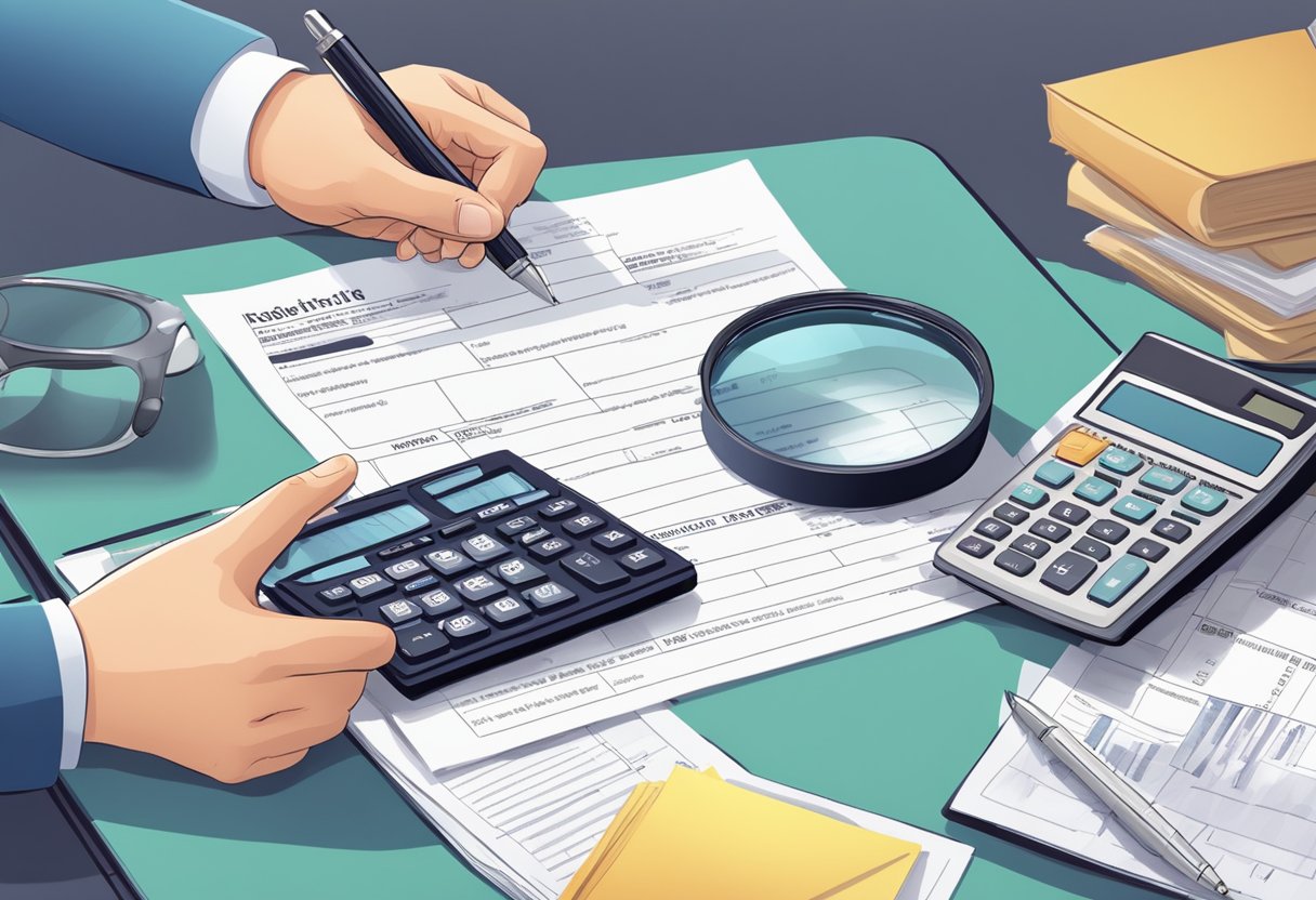 A person with a disability reviewing tax forms with a magnifying glass and calculator on a desk