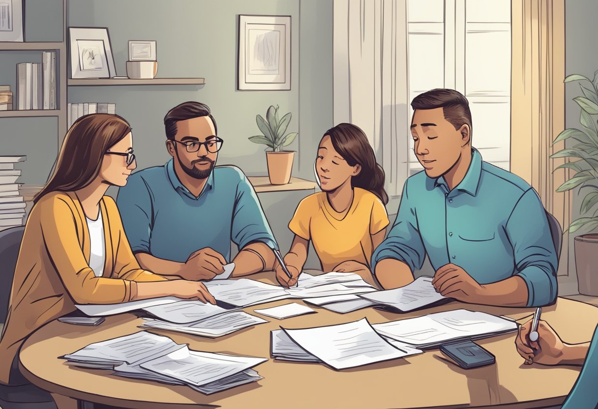 A family sitting around a table, discussing paperwork and financial documents. A parent holds a document labeled "Disability Tax Credit" while others listen attentively