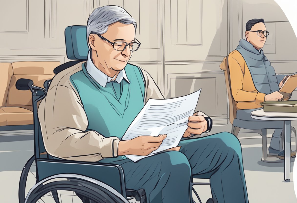 A person in a wheelchair receiving a financial support document from a government official