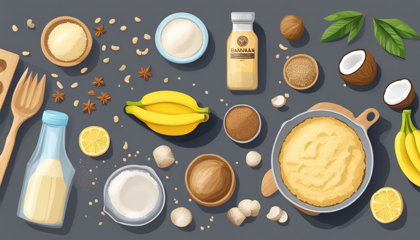 A kitchen counter with ingredients and utensils for baking coconut flour banana spice muffins