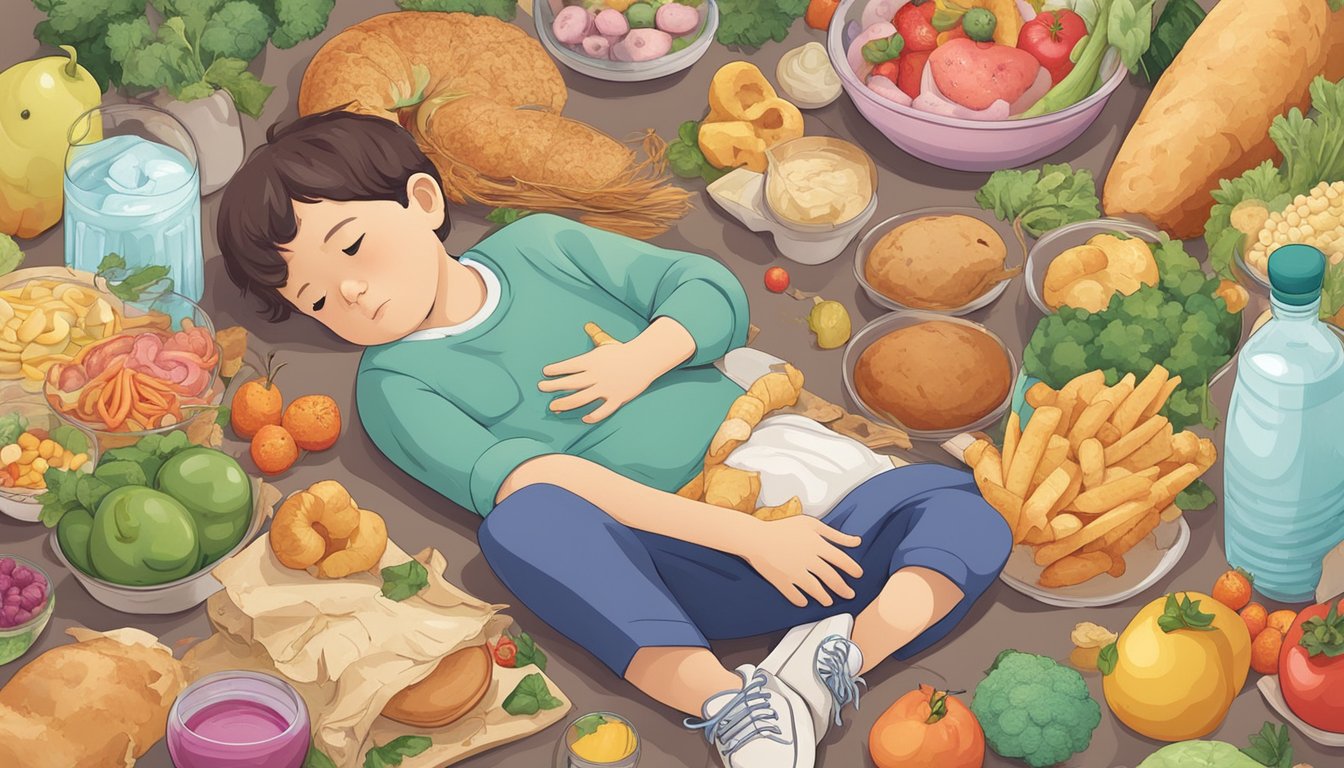 A colorful illustration of a child with a stomach ache, holding their belly and looking uncomfortable. Surrounding them are various foods and environments that can cause food poisoning