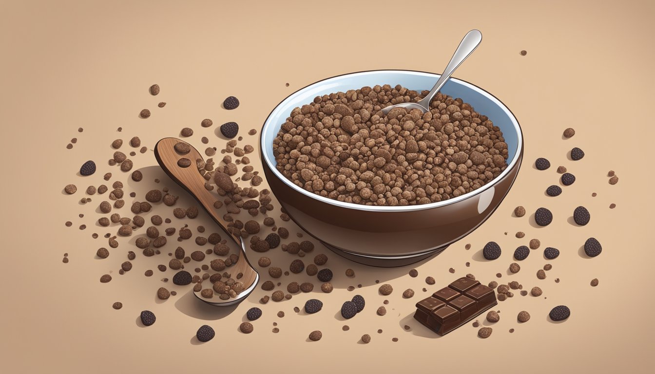 A bowl of chocolate chia granola with a spoon, surrounded by scattered chia seeds and chocolate chips on a wooden table