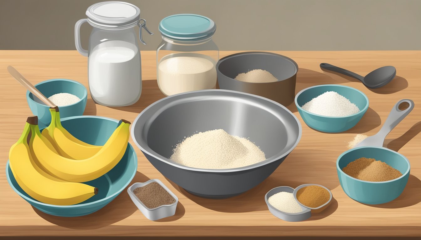 A bowl of coconut flour, bananas, and spices next to a muffin tin and mixing utensils on a kitchen counter