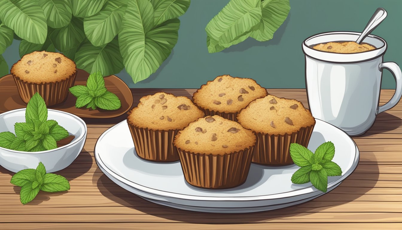 A plate of freshly baked coconut flour banana spice muffins on a wooden table with a sprig of mint for garnish