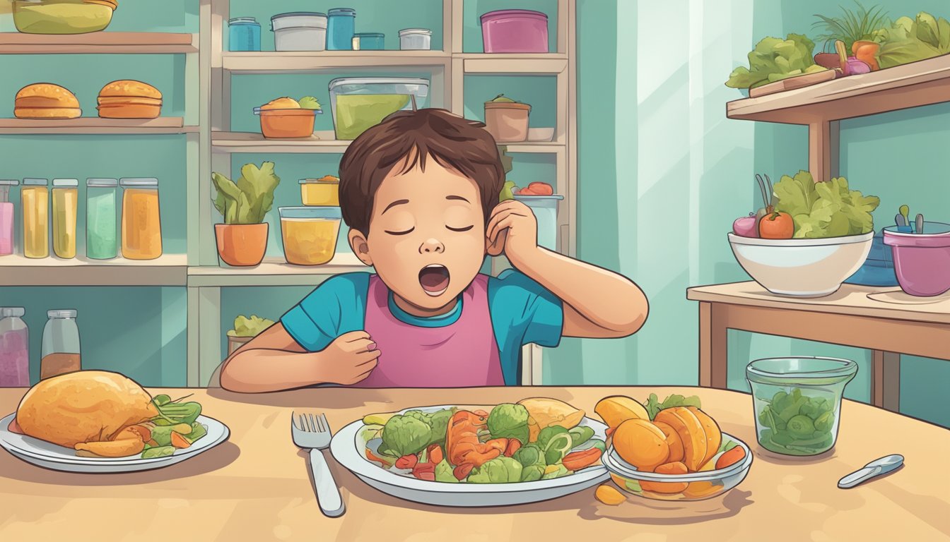 A colorful illustration of a child experiencing symptoms of food poisoning, with accompanying text highlighting common causes and when to consult a doctor