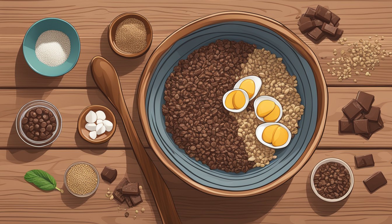 A bowl of chocolate chia granola mix with various ingredients spread out on a wooden table