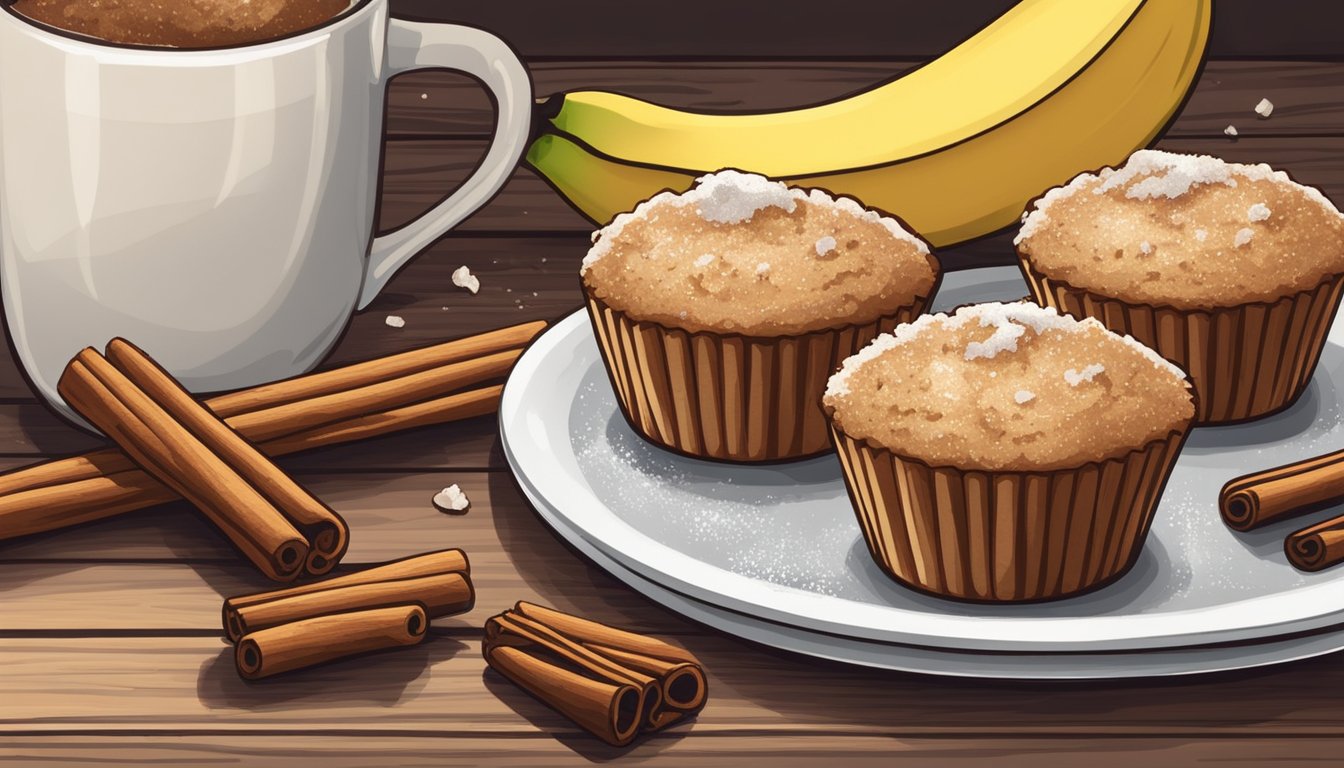 A plate of coconut flour banana spice muffins with a dusting of cinnamon on a rustic wooden table