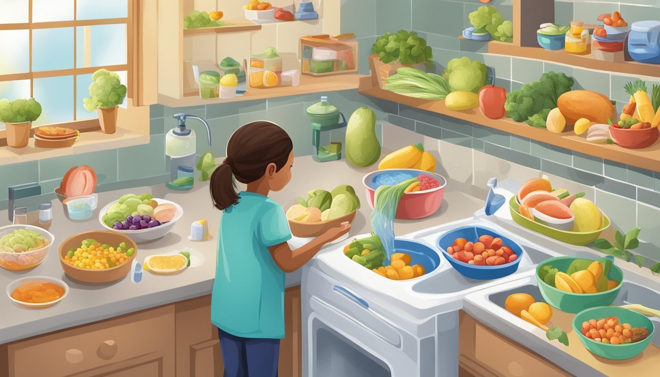 A colorful poster showing a variety of child-friendly foods being properly washed, stored, and prepared to prevent food poisoning