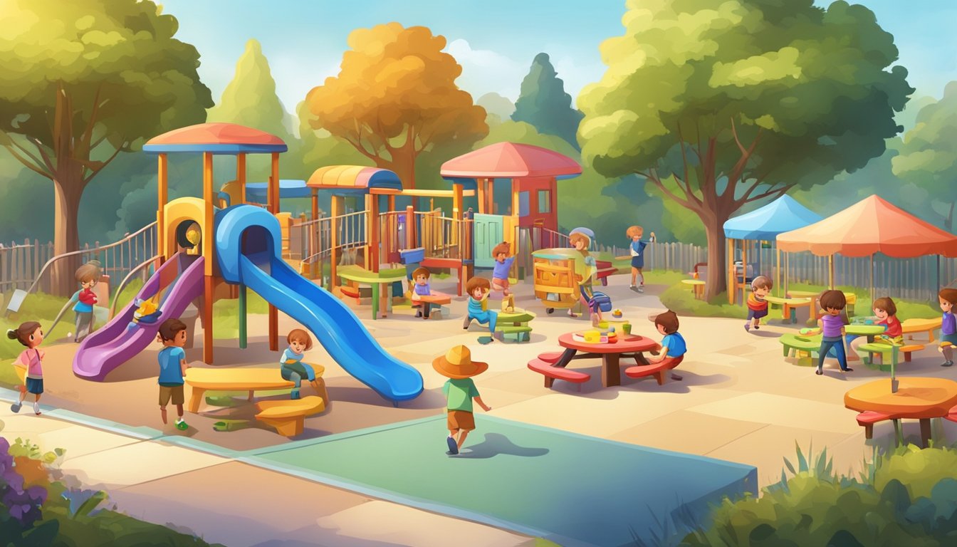 A colorful playground with picnic tables and scattered food items, a daycare with children playing and eating, a kitchen with improper food handling