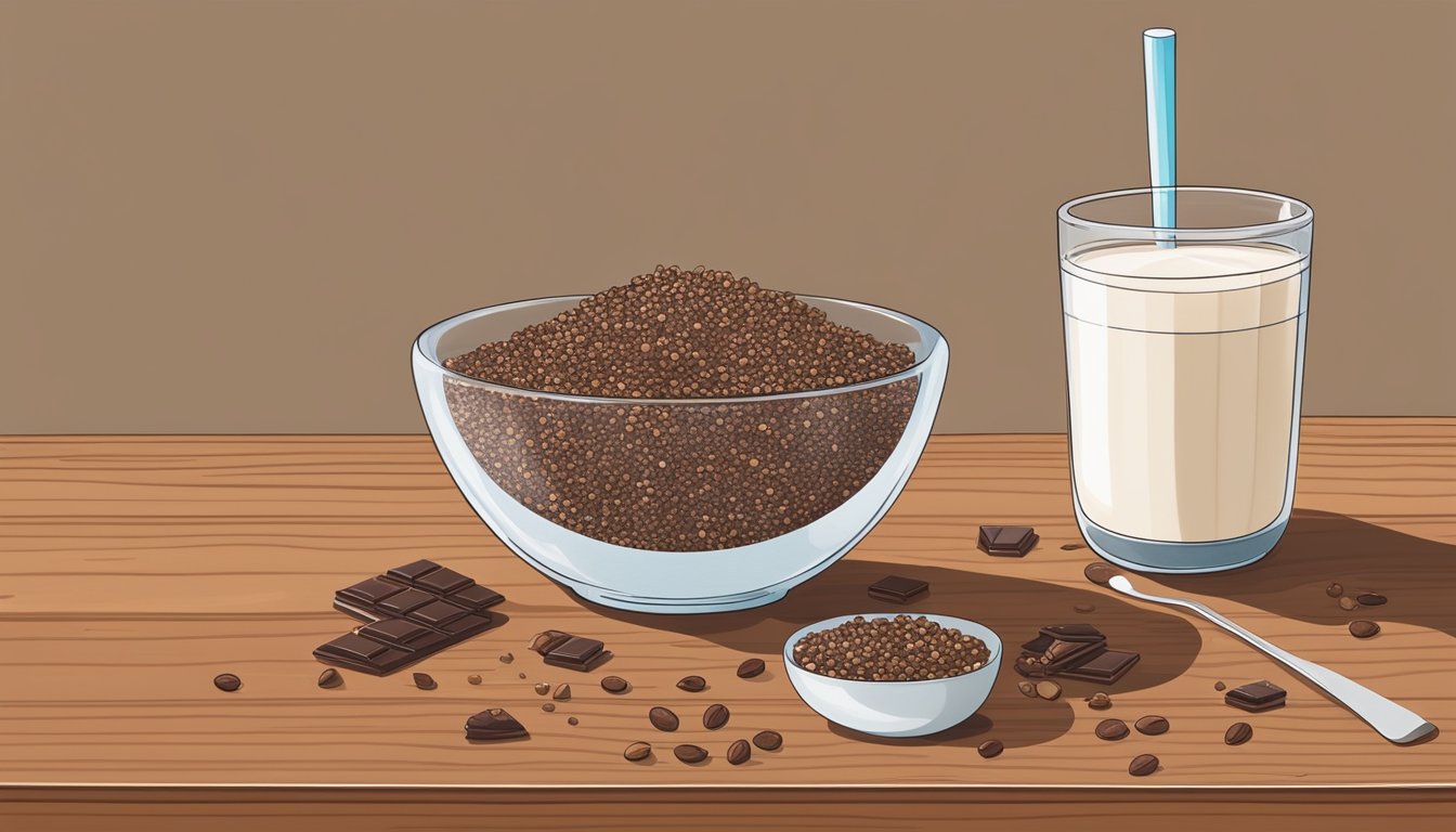 A bowl of chocolate chia granola sits next to a glass of almond milk on a wooden table, surrounded by scattered chia seeds and cacao nibs