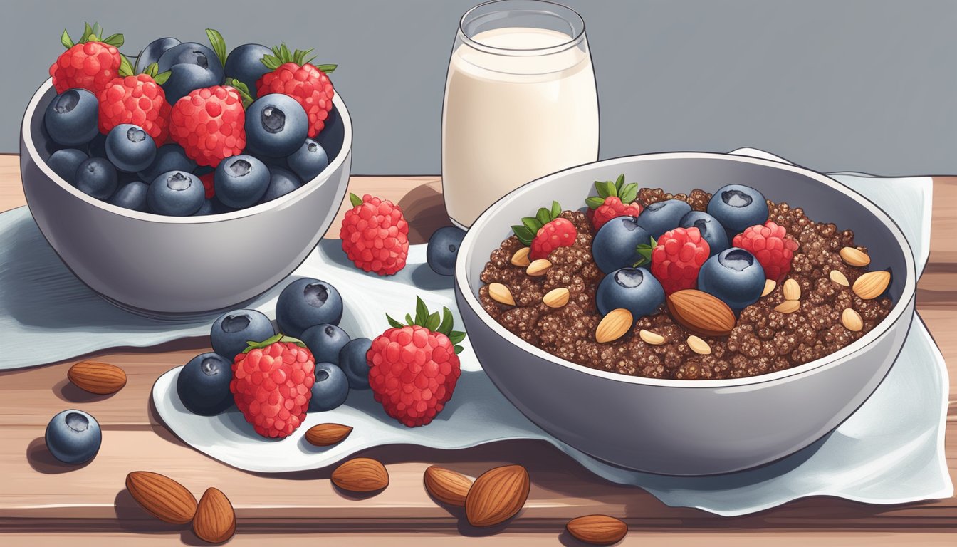 A bowl of chocolate chia granola surrounded by fresh berries and a glass of almond milk