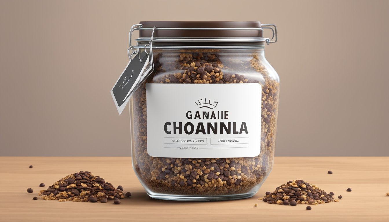 A glass jar filled with layers of chocolate chia granola, sealed with a lid and labeled with a tag