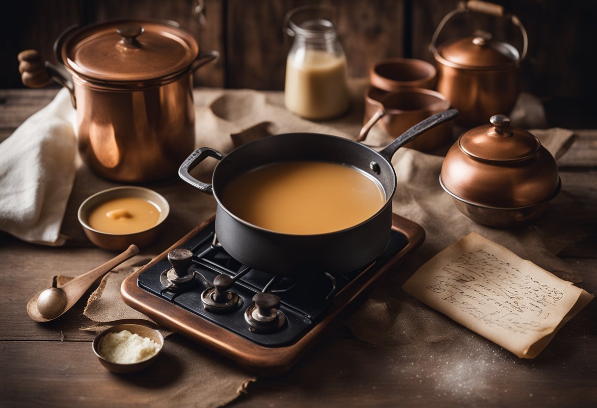 Uma cozinha rústica com um fogão vintage, uma panela de cobre cozinhando um cremoso doce de leite e uma receita escrita à mão em um pedaço de pergaminho desgastado