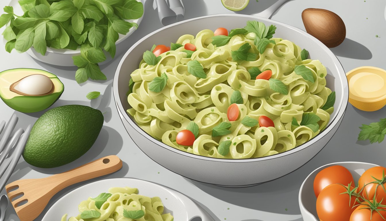 A bowl of creamy avocado pasta salad surrounded by fresh ingredients and cooking utensils on a clean kitchen counter