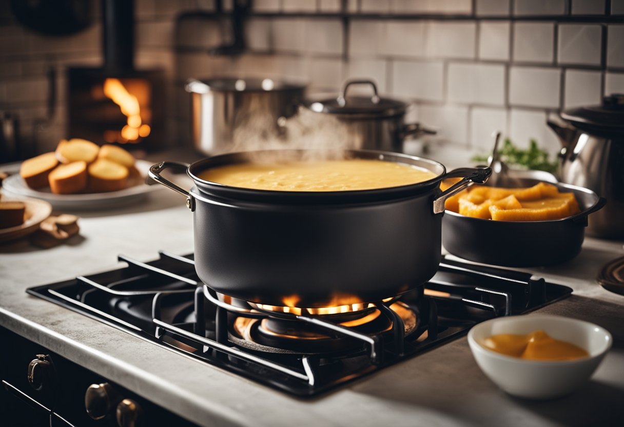 Uma cozinha rústica com um fogão vintage e uma panela de pudim cremoso e caramelizado cozinhando no fogo