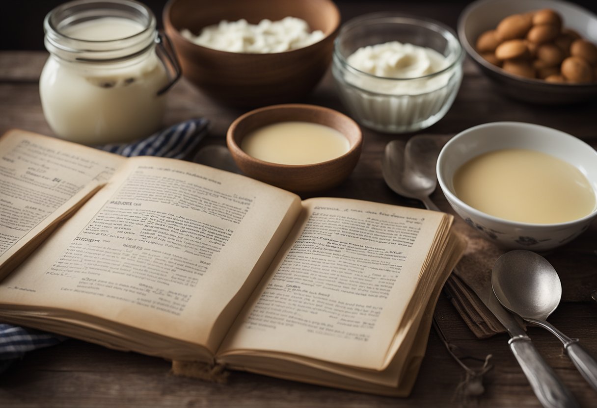 Uma bancada de cozinha rústica com um livro de receitas vintage aberto em uma página intitulada "O Segredo do Pudim de Leite do Sul Perfeito", cercada por utensílios de cozinha tradicionais e uma tigela de produtos lácteos frescos.