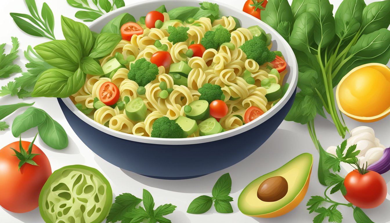 A colorful bowl of creamy avocado pasta salad surrounded by fresh vegetables and herbs, evoking a sense of health and deliciousness