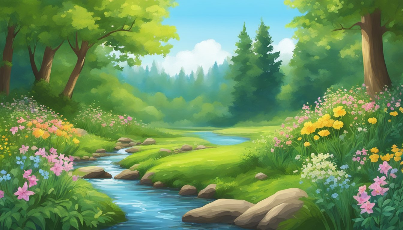 A serene forest clearing with a babbling brook, surrounded by vibrant green plants and blooming flowers, under a clear blue sky