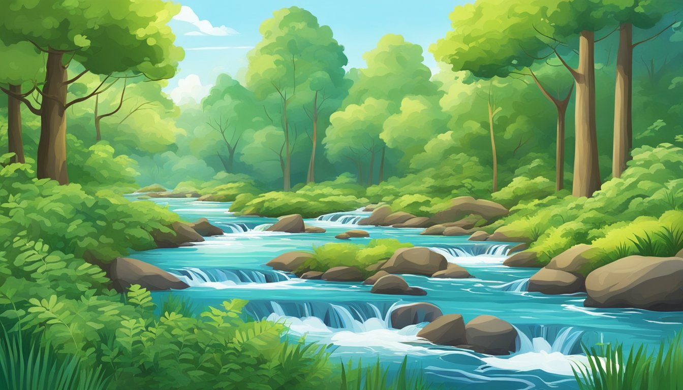 A serene forest with a flowing stream, surrounded by vibrant green plants and a clear blue sky above